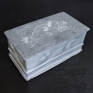 Antique 1900 Chinese Kut Hing Pewter Swatow Dragon Jewelry Trinket Box